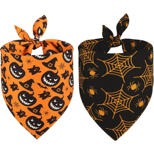 Halloween Bandanas 2 Pack - Reversible Triangle Scarves for Dogs with Festive Pumpkin and Cobweb Patterns, Durable Fabric for All Sizes