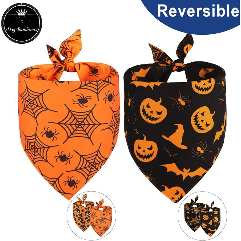 Halloween Bandanas 2 Pack - Reversible Triangle Scarves for Dogs with Festive Pumpkin and Cobweb Patterns, Durable Fabric for All Sizes