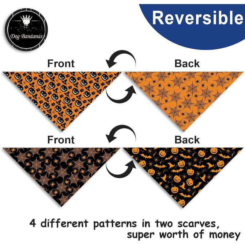 Halloween Bandanas 2 Pack - Reversible Triangle Scarves for Dogs with Festive Pumpkin and Cobweb Patterns, Durable Fabric for All Sizes