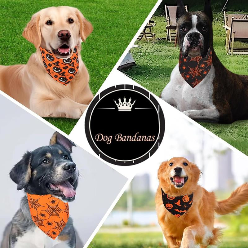 Halloween Bandanas 2 Pack - Reversible Triangle Scarves for Dogs with Festive Pumpkin and Cobweb Patterns, Durable Fabric for All Sizes