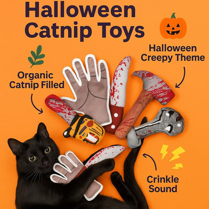 Premium Halloween Cat Toy Set - 5 Pack Plush Spooky Toys with Organic Catnip for Engaging Teething and Kicking Fun