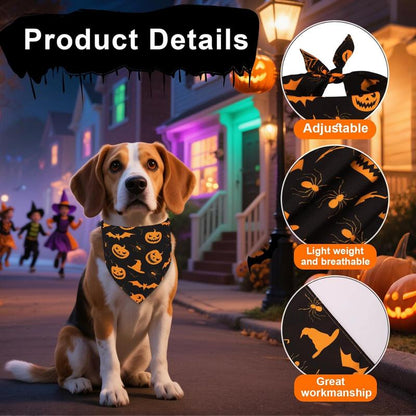 Halloween Bandanas 2 Pack - Reversible Triangle Scarves for Dogs with Festive Pumpkin and Cobweb Patterns, Durable Fabric for All Sizes